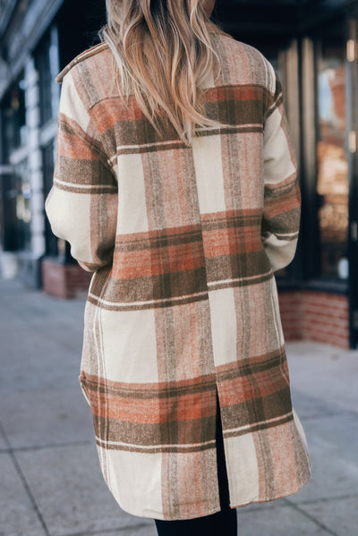 Brown Plaid Casual Button Up Long Shacket with Flap Pockets