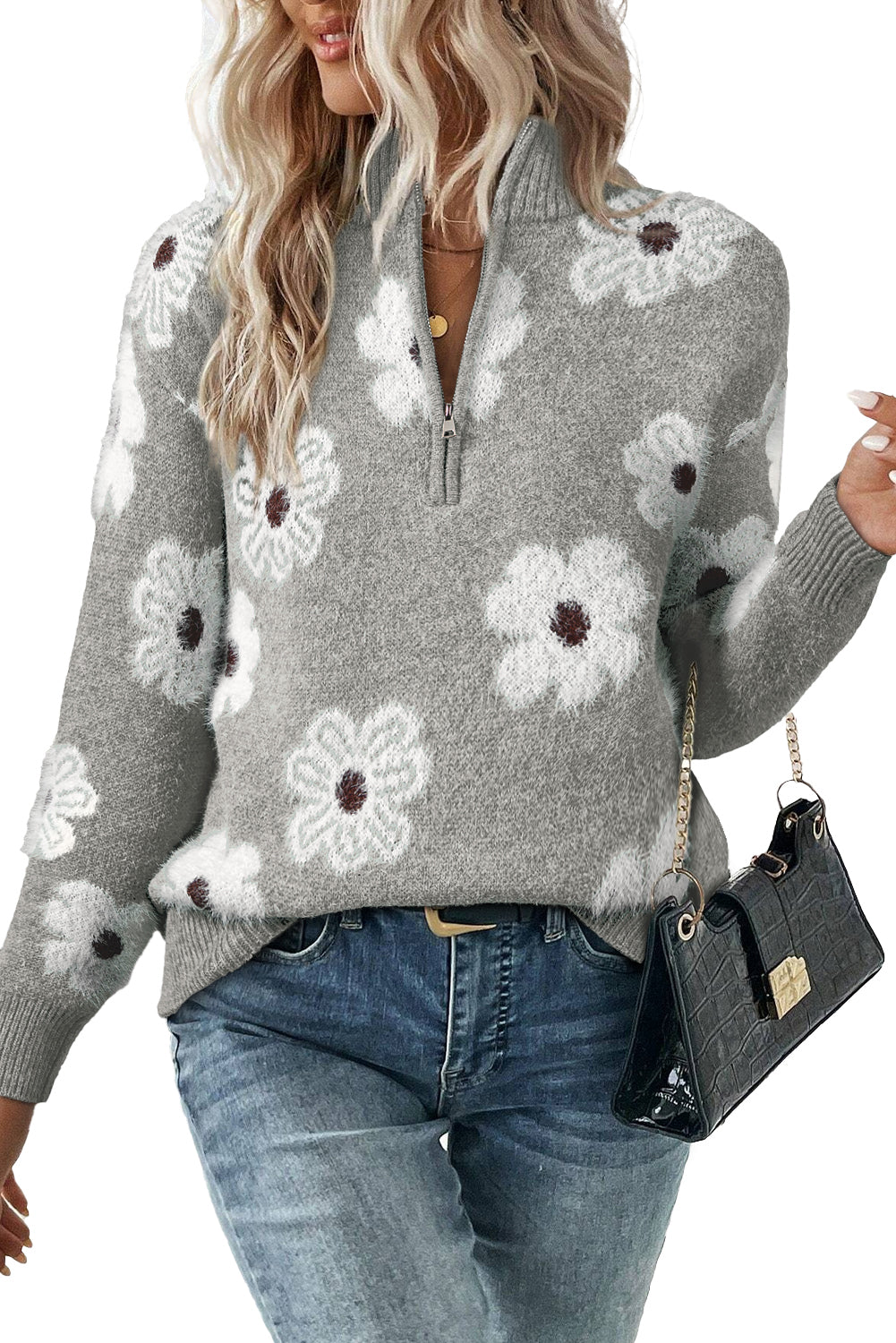Gray Vintage 60s Floral Pattern Half Zip Collar Drop Shoulder Sweater - Roses