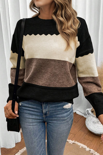 Black Colorblock Crew Neck Drop Shoulder Sweater - Roses