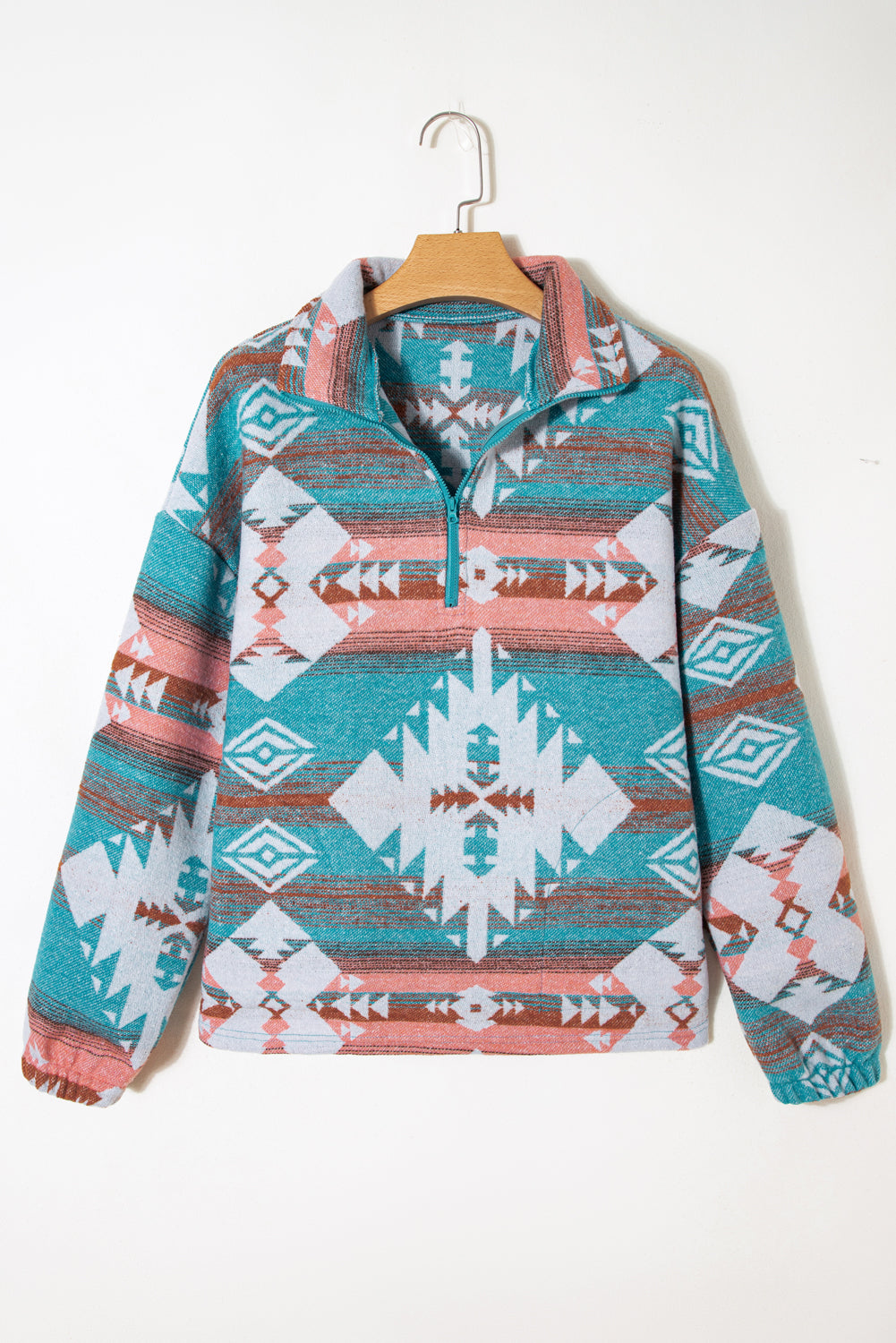 Green Quarter Zip Elastic Cuffs Aztec Sweatshirt