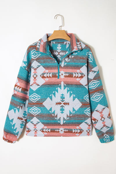 Green Quarter Zip Elastic Cuffs Aztec Sweatshirt