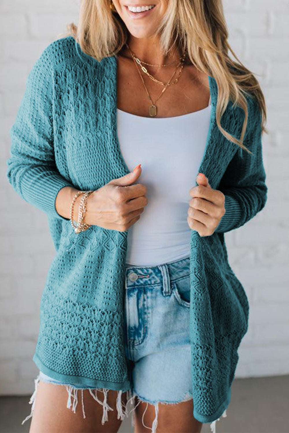 Redwood Burl Mix Pattern Hollow Knit Open Front Cardigan - Roses