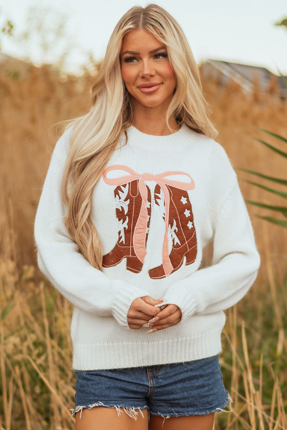 White Embroidered Bow Boots Graphic Drop Shoulder Sweater - Roses