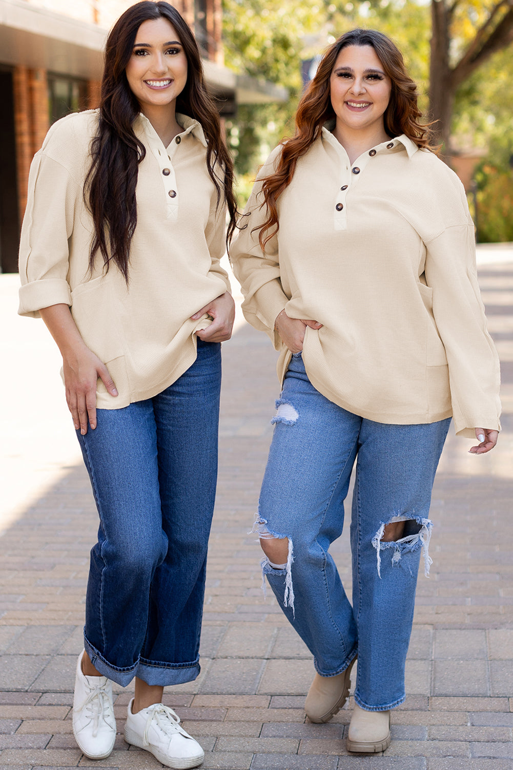 Jet Stream Waffle Long Sleeve Collar Half Button Loose Top - Roses