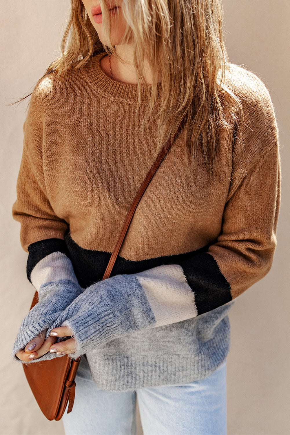 Brown Casual Striped Colorblock Ribbed Knit Sweater - Roses