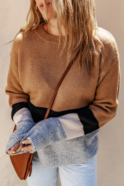 Brown Casual Striped Colorblock Ribbed Knit Sweater - Roses