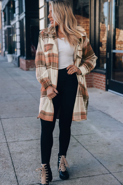 Brown Plaid Casual Button Up Long Shacket with Flap Pockets