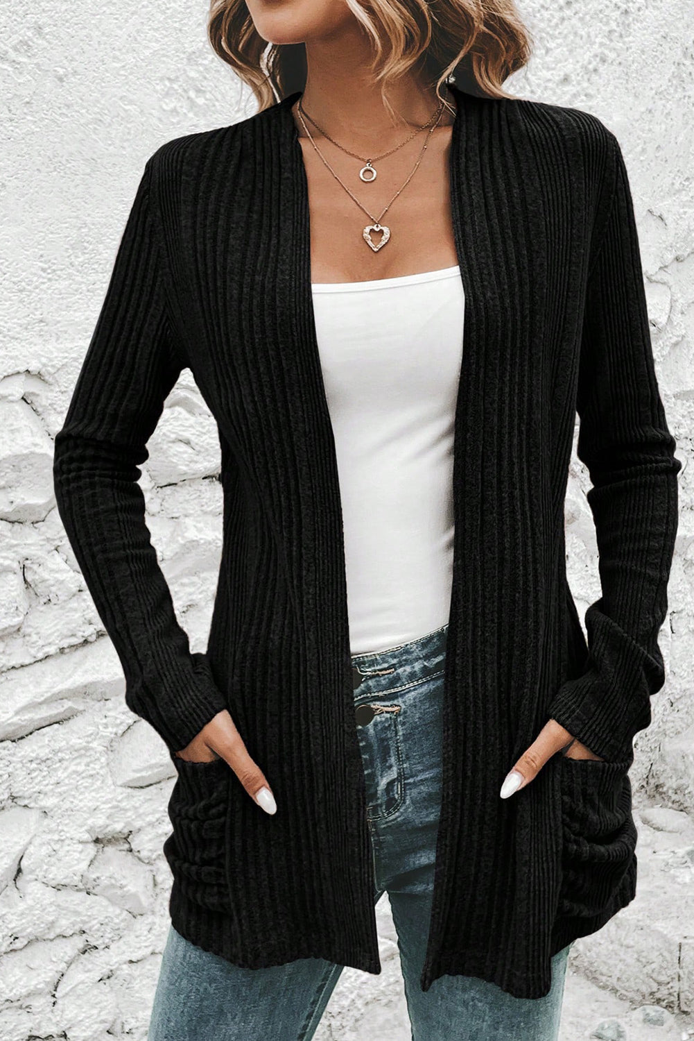 Black Ribbed Open Front Knitted Top with Pockets - Roses