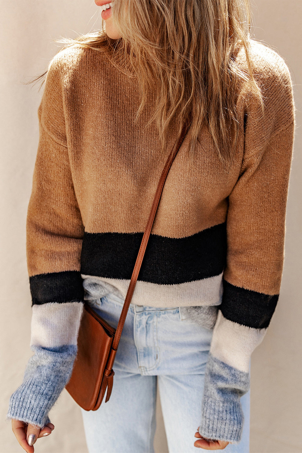 Brown Casual Striped Colorblock Ribbed Knit Sweater - Roses