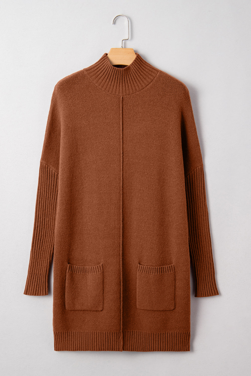 Chestnut Ribbed High Neck Front Pockets Center Seam Shift Sweater Dress - Roses