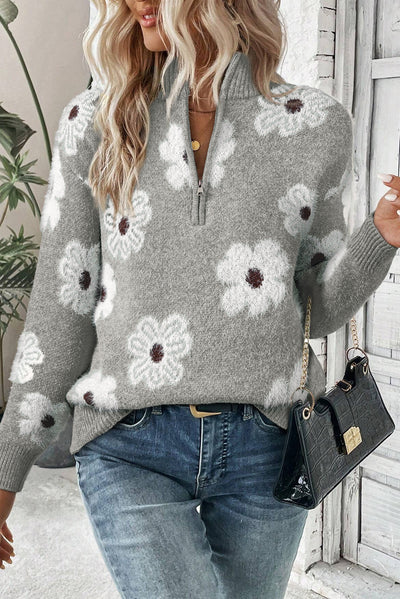 Gray Vintage 60s Floral Pattern Half Zip Collar Drop Shoulder Sweater - Roses