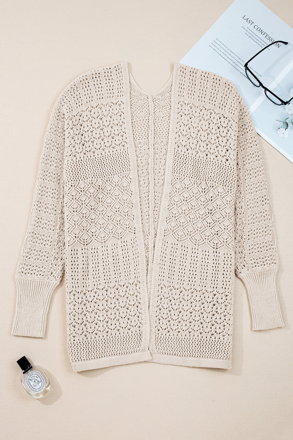 Redwood Burl Mix Pattern Hollow Knit Open Front Cardigan - Roses