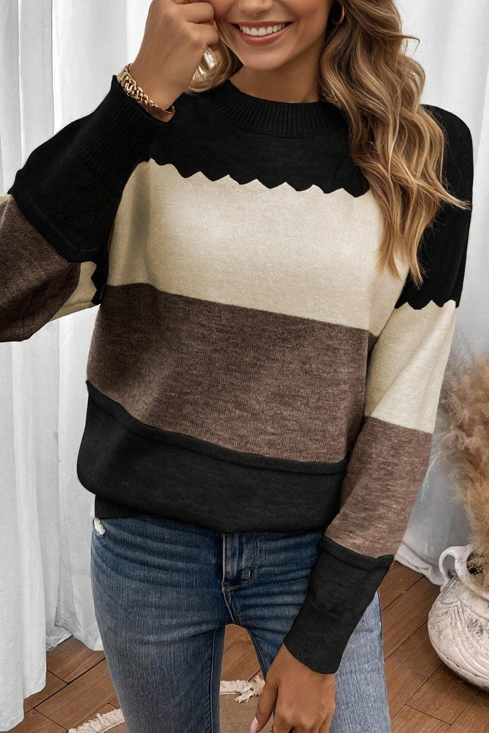 Black Colorblock Crew Neck Drop Shoulder Sweater - Roses