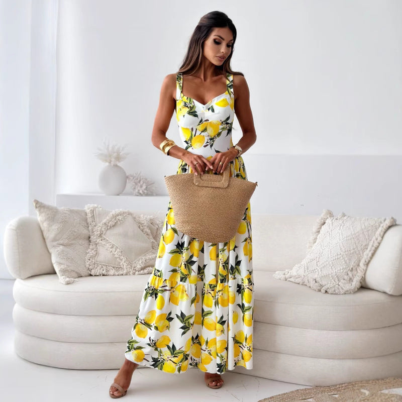 Summer Supply Women Clothing Printed Waist Controlled Sling Dress Large Swing Dress - Roses