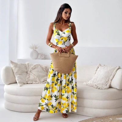 Summer Supply Women Clothing Printed Waist Controlled Sling Dress Large Swing Dress - Roses