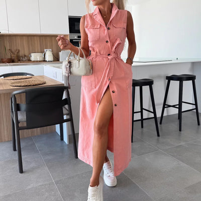 Women Sleeveless Long Tie Waist Single Breasted Denim Dress - Roses