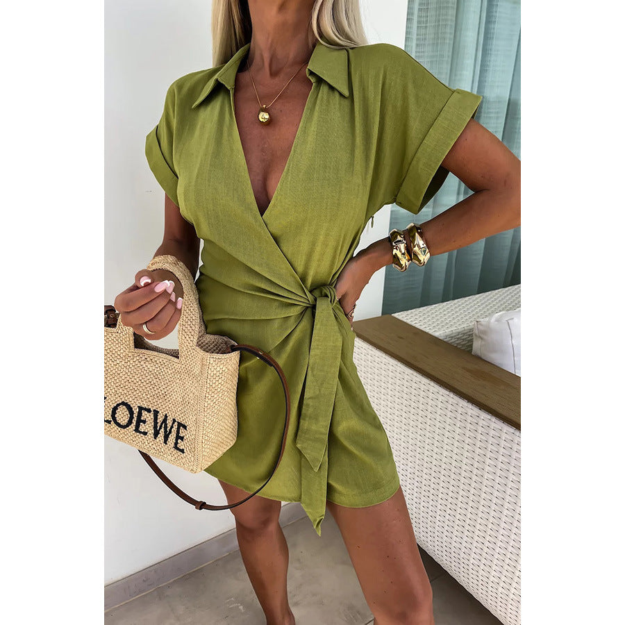 Spring Summer Lace up Turn down Collar Jumpsuit Casual Loose Vacation Jumpsuit - Roses