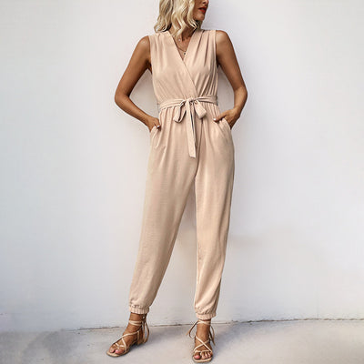 Casual Comfortable Lace up Pocket Sleeveless Solid Color Ankle Tied One Piece Trousers - Roses
