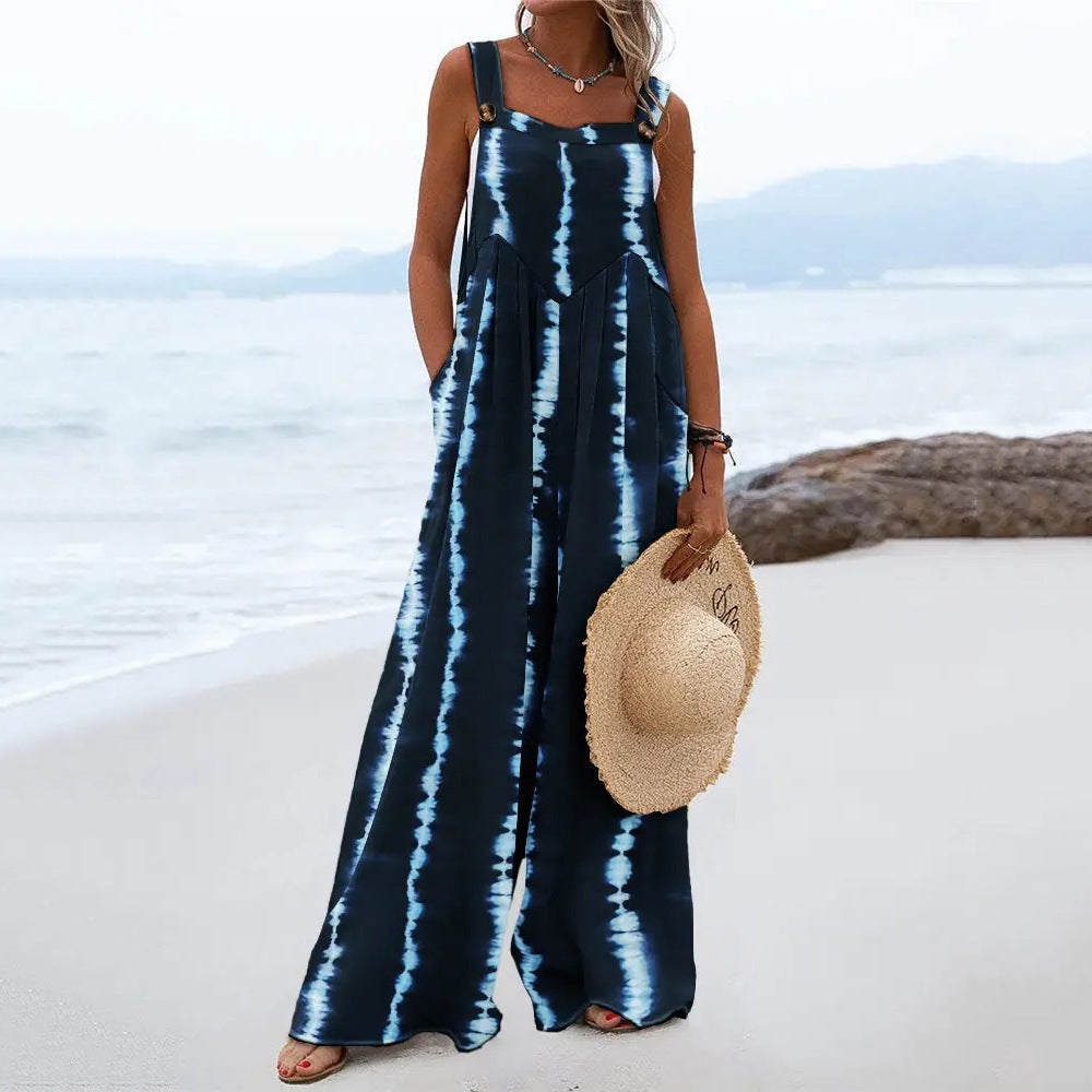Summer Printed Sleeveless Loose Casual Sling Wide Leg for Women Jumpsuit - Roses