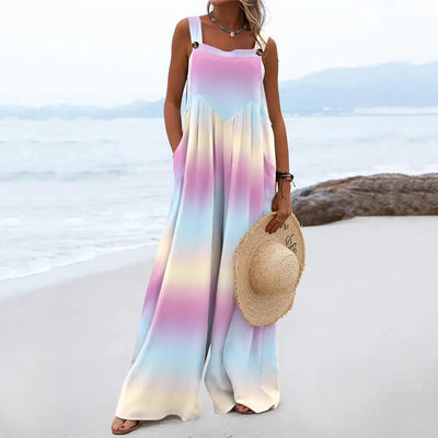 Summer Printed Sleeveless Loose Casual Sling Wide Leg for Women Jumpsuit - Roses