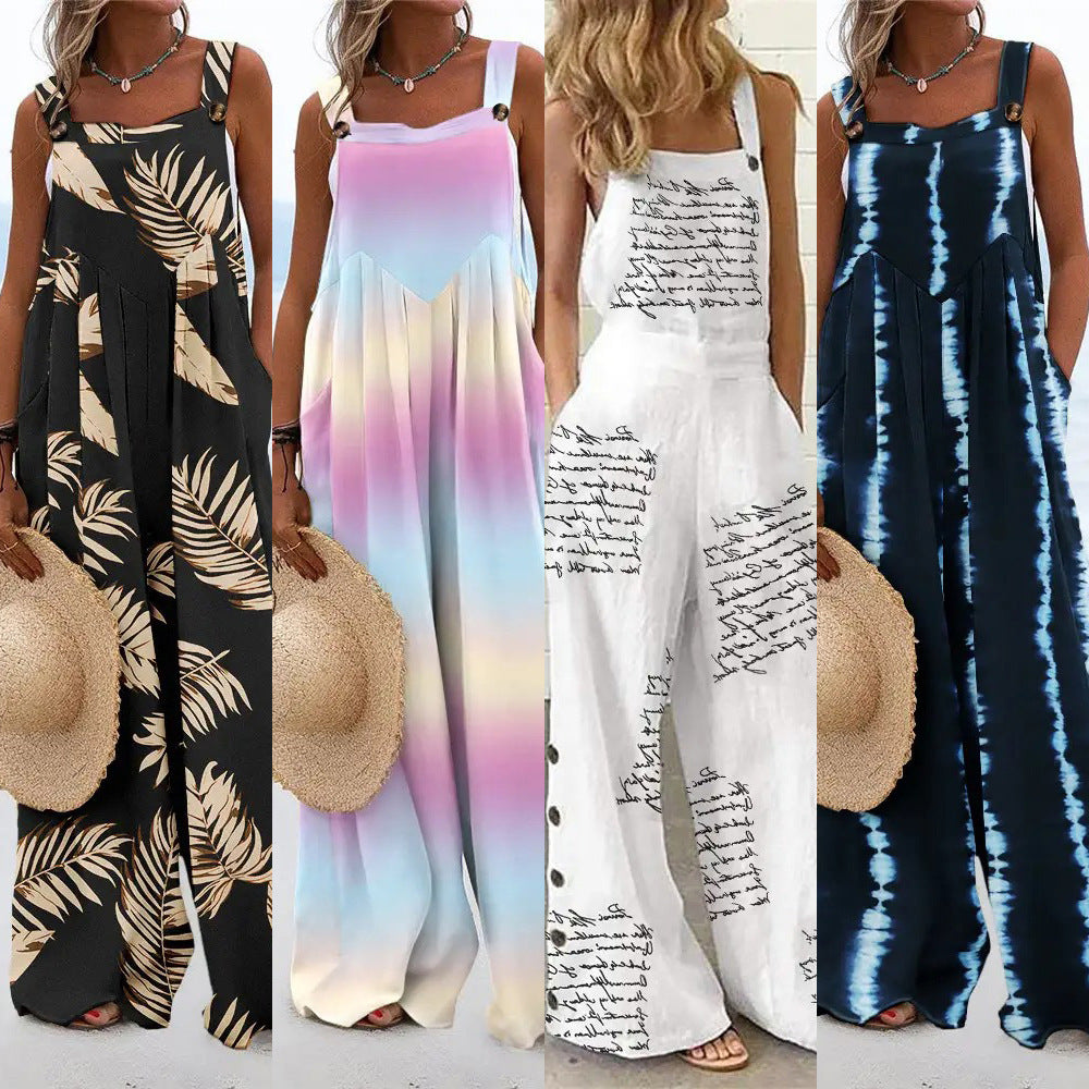Summer Printed Sleeveless Loose Casual Sling Wide Leg for Women Jumpsuit - Roses