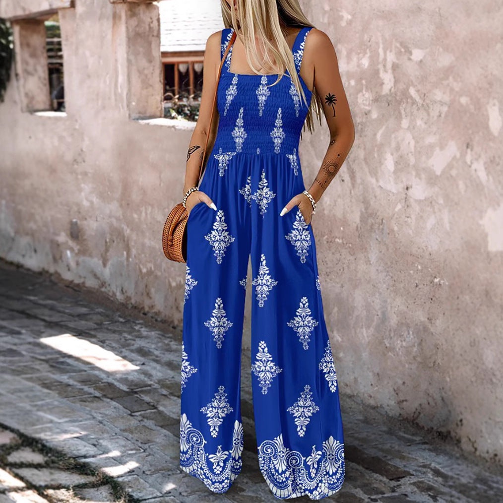 Women Clothing Women Clothing Summer Printed Suspenders Nipped Waist Trousers Jumpsuit - Roses