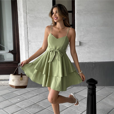 Elegant Dress Summer Ruffled Slip Dress - Roses