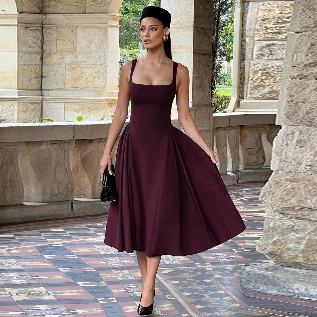 Women Spring Clothing French Square Collar Dress Retro Slim Fit Oversized Sling Dress - Roses
