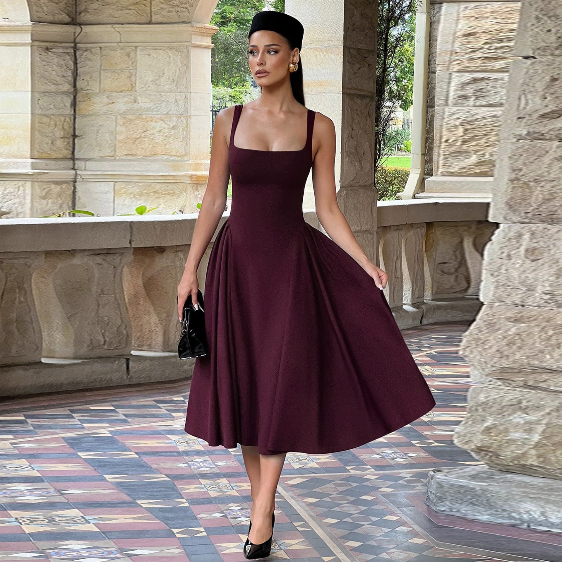 Women Spring Clothing French Square Collar Dress Retro Slim Fit Oversized Sling Dress - Roses