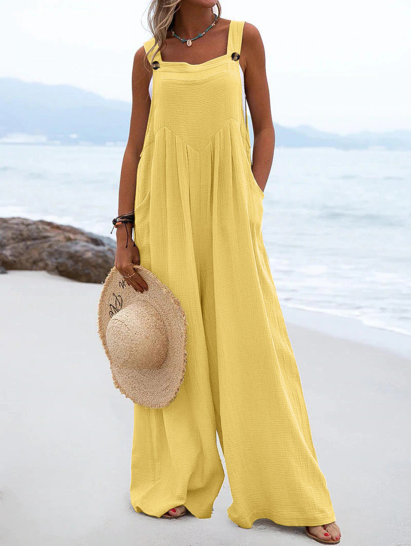 Women Clothing Summer Jumpsuit Ethnic Solid Color Wide Leg Jumpsuit - Roses