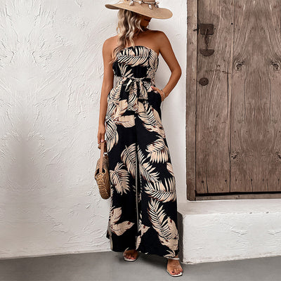 Summer Women Clothing Printing Tube Top Jumpsuit - Roses