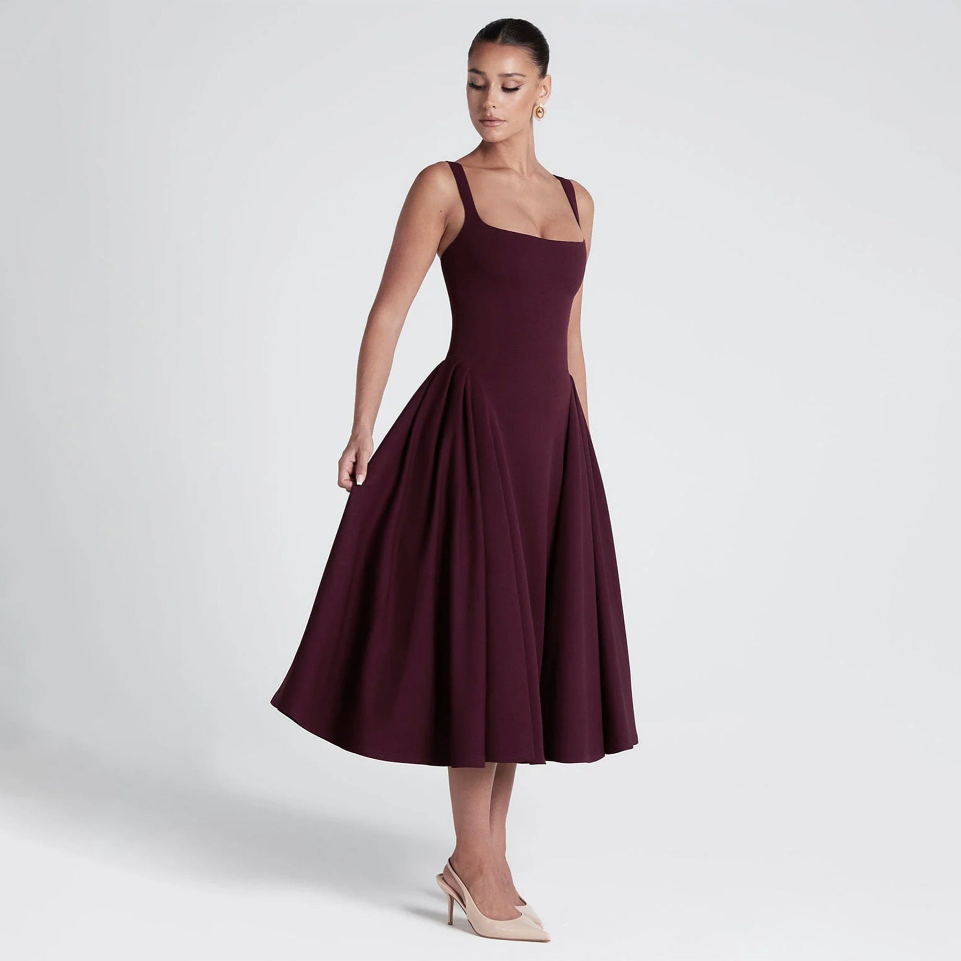 Women Spring Clothing French Square Collar Dress Retro Slim Fit Oversized Sling Dress - Roses