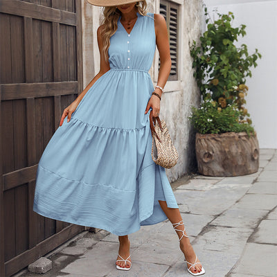 V neck A line Summer Women Clothing Sleeveless Patchwork Stand up Collar Dress - Roses