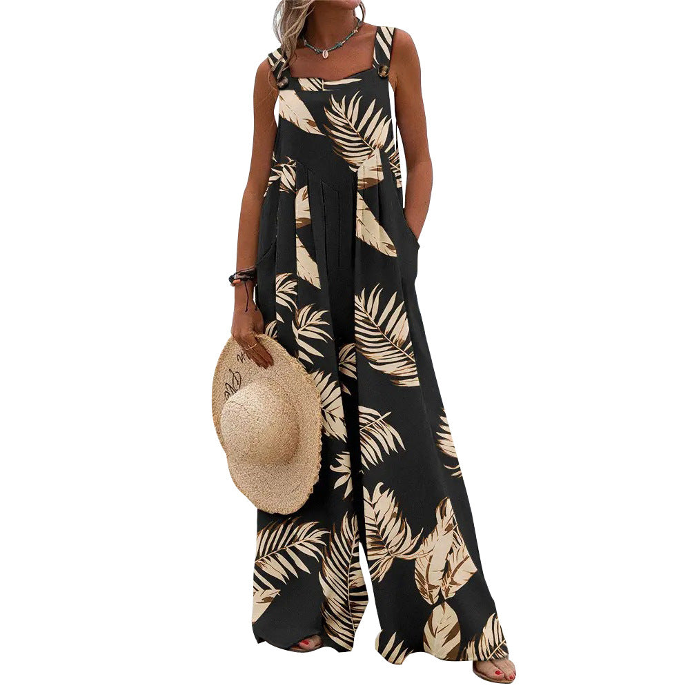 Summer Printed Sleeveless Loose Casual Sling Wide Leg for Women Jumpsuit - Roses