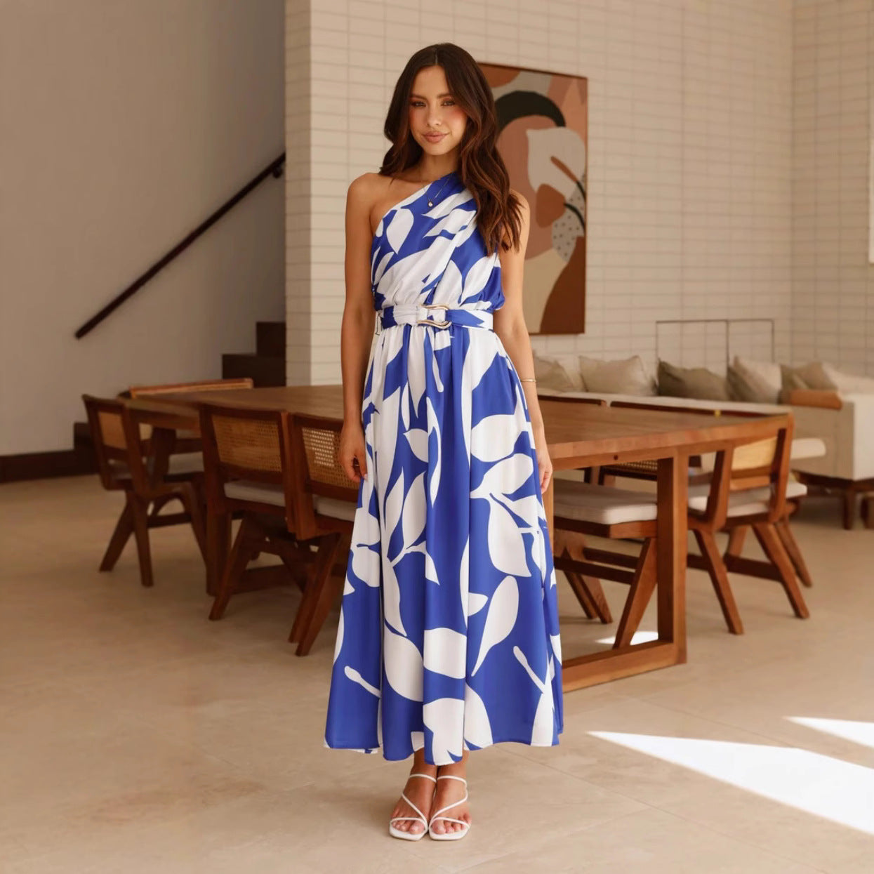 Summer Printed Shoulder Belt Maxi Dress for Women Swing Maxi Dress - Roses