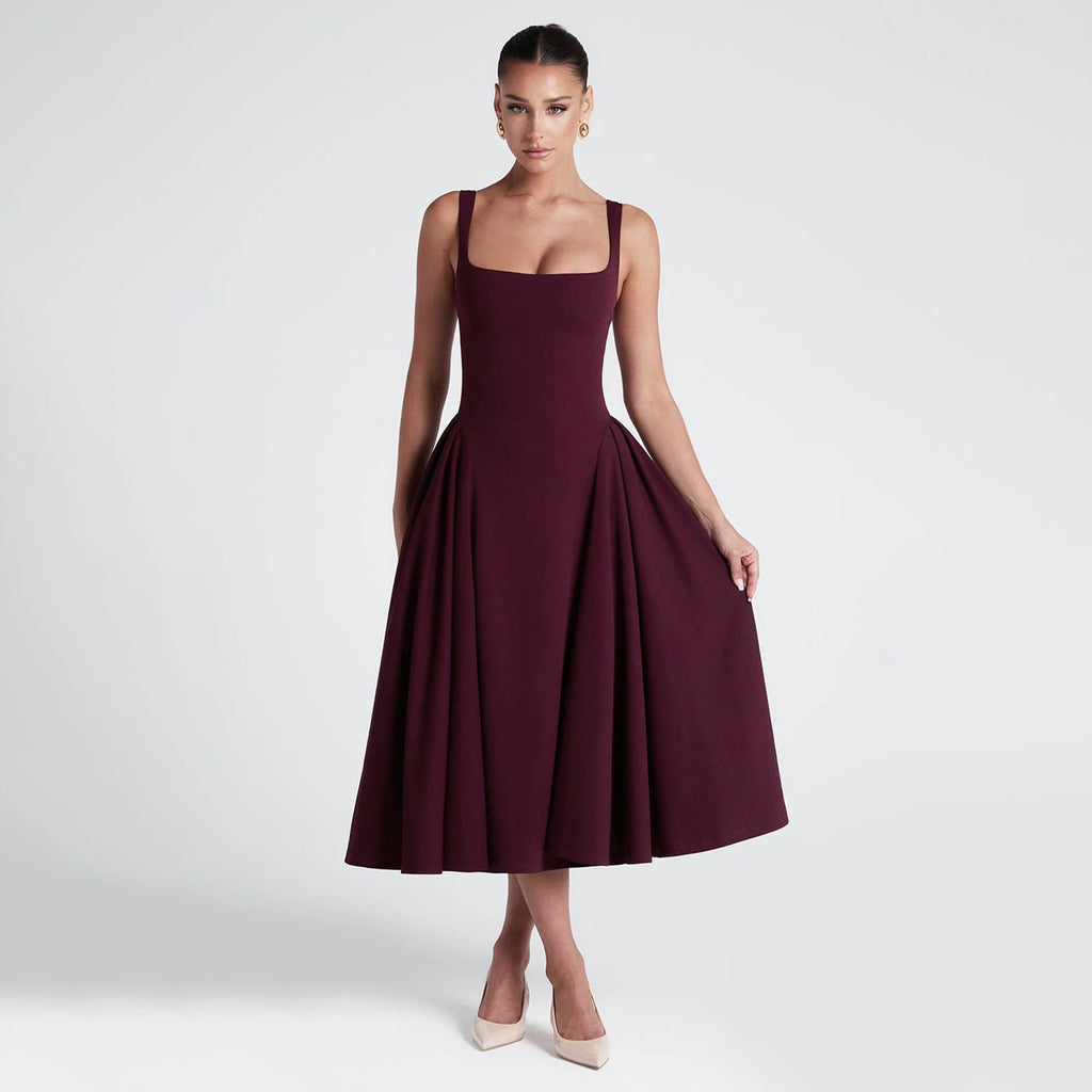 Women Spring Clothing French Square Collar Dress Retro Slim Fit Oversized Sling Dress - Roses