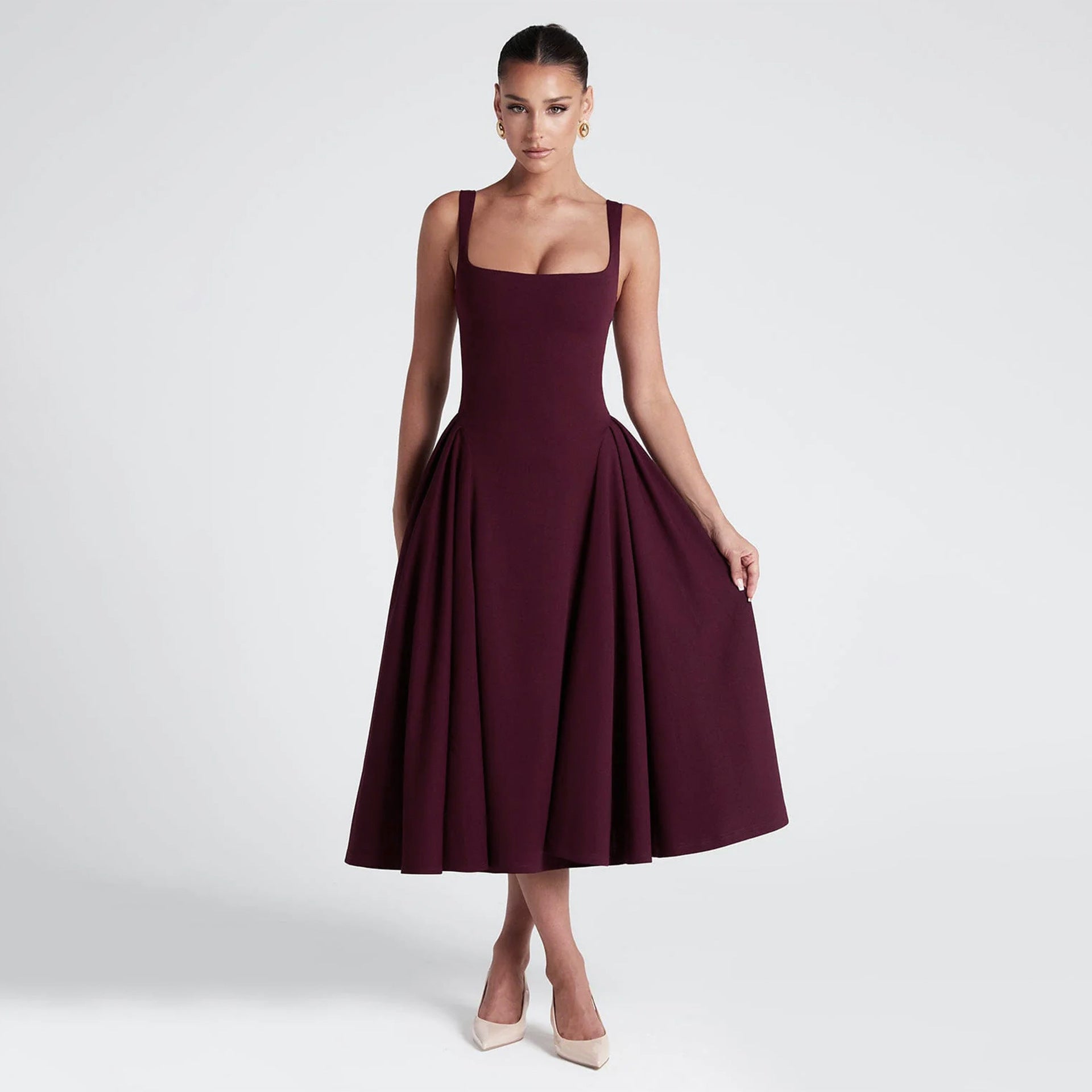 Women Spring Clothing French Square Collar Dress Retro Slim Fit Oversized Sling Dress - Roses