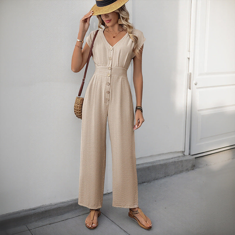 Casual Vacation Simple V neck Solid Color Elastic Waist High Waist Wide Leg Jumpsuit - Roses