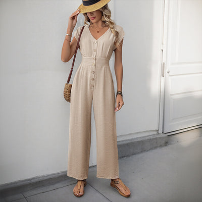 Casual Vacation Simple V neck Solid Color Elastic Waist High Waist Wide Leg Jumpsuit - Roses