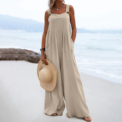Women Clothing Summer Jumpsuit Ethnic Solid Color Wide Leg Jumpsuit - Roses