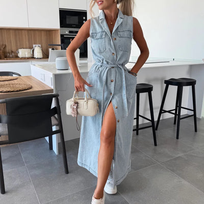 Women Sleeveless Long Tie Waist Single Breasted Denim Dress - Roses