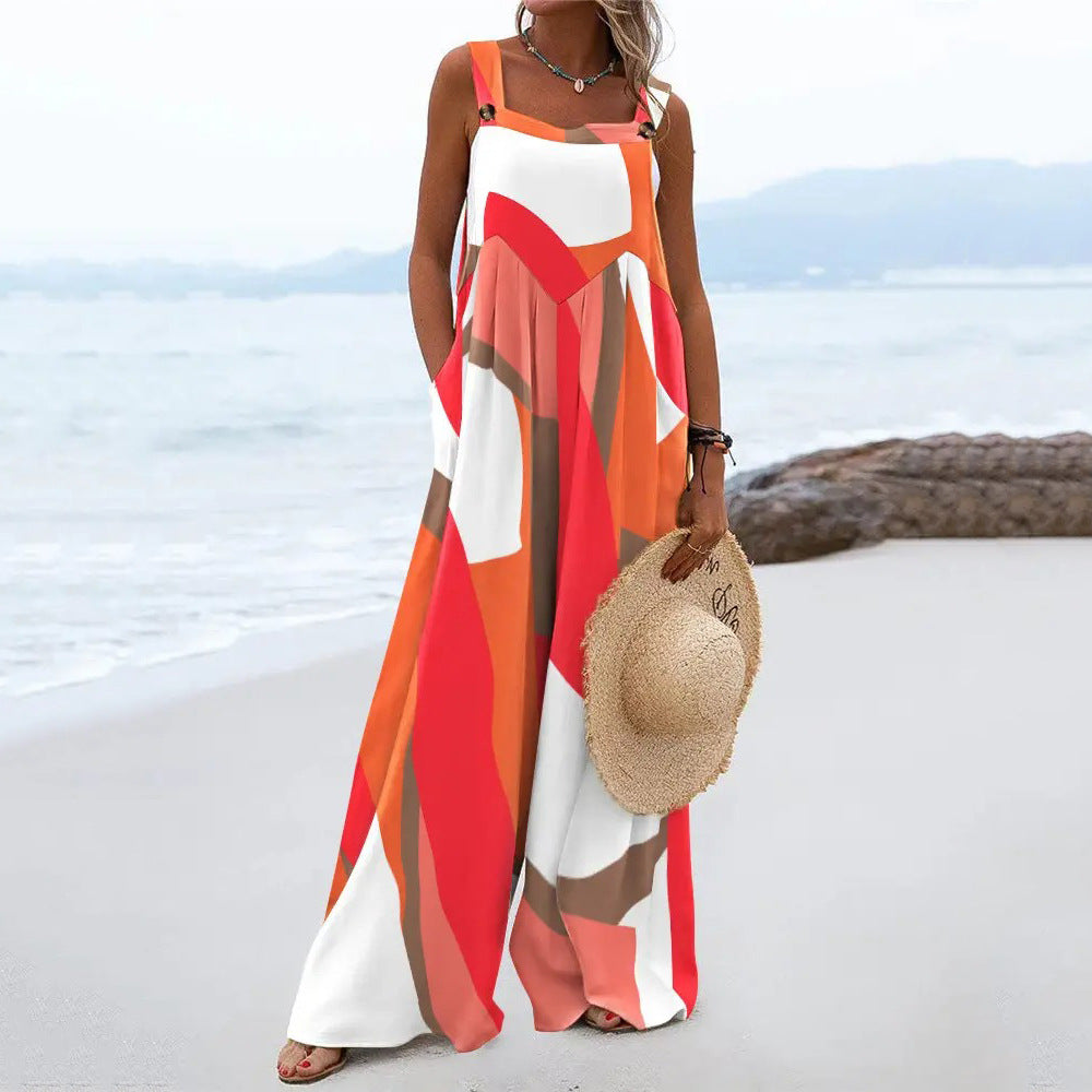 Summer Printed Sleeveless Loose Casual Sling Wide Leg for Women Jumpsuit - Roses