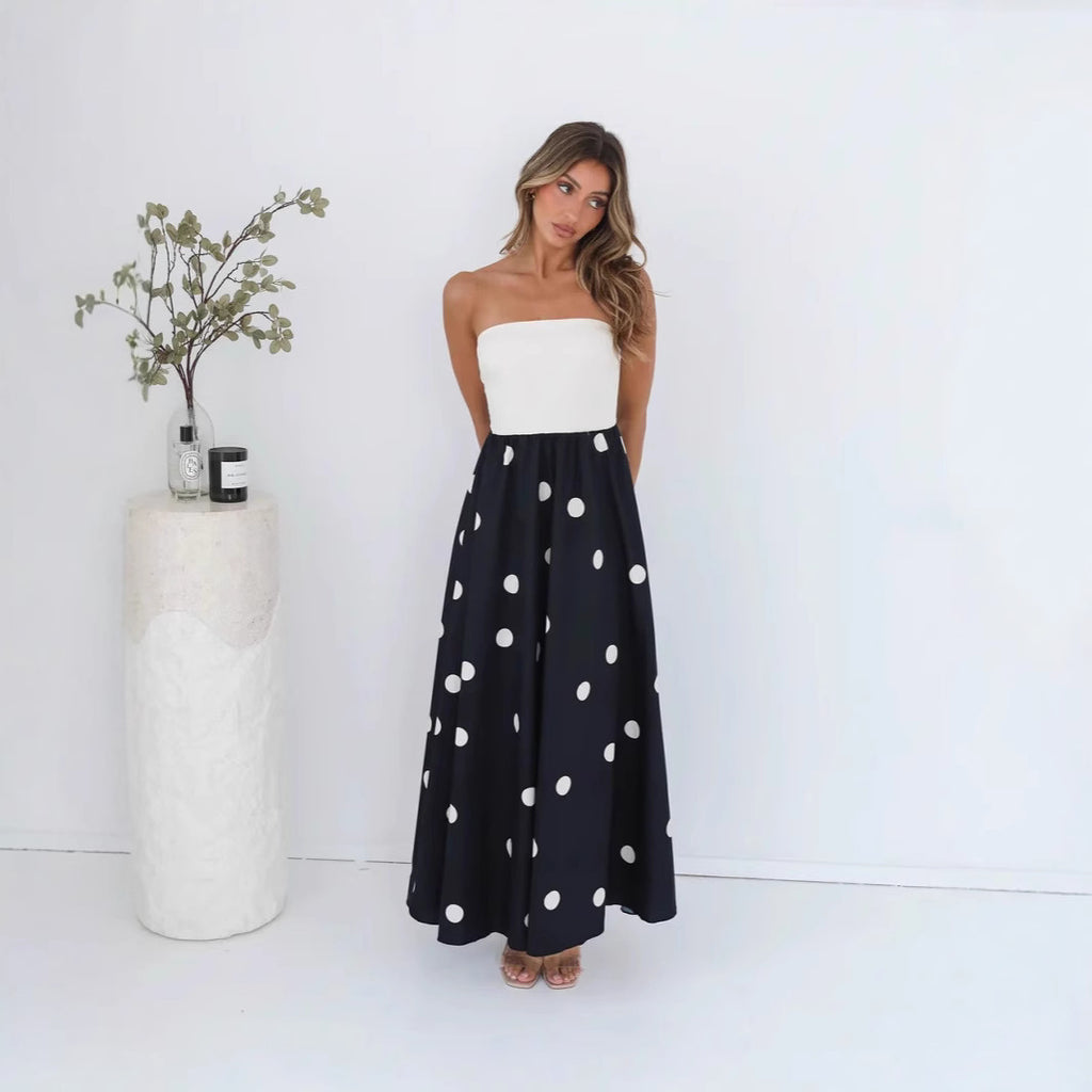 Polka Dot Printing Stitching Sexy Wrapped Chest a Swing Lady Dress - Roses