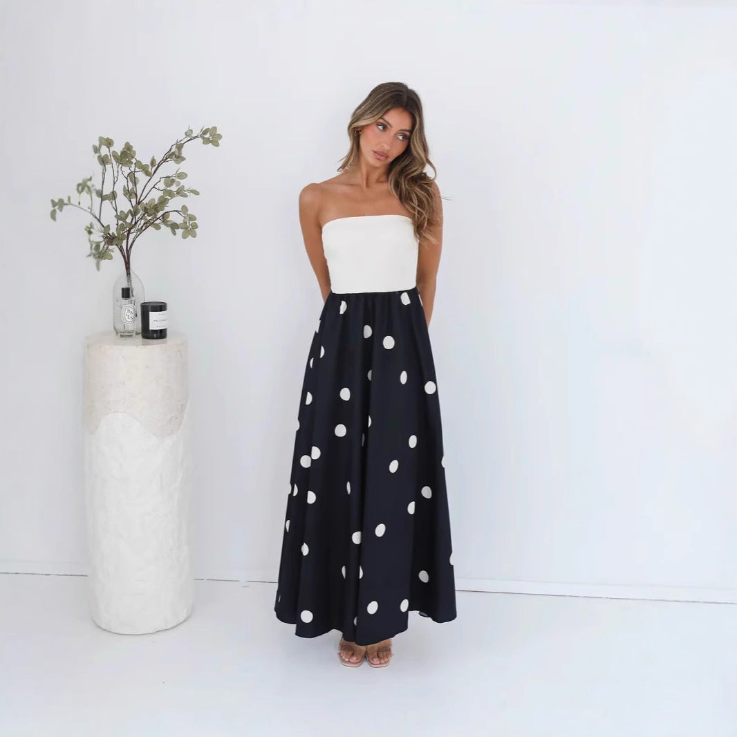 Polka Dot Printing Stitching Sexy Wrapped Chest a Swing Lady Dress - Roses