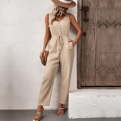 Summer Women Clothing Solid Color Suspender Jumpsuit - Roses