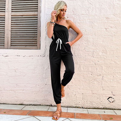 Summer New Black Drawstring High Waist One Shoulder Jumpsuit - Roses