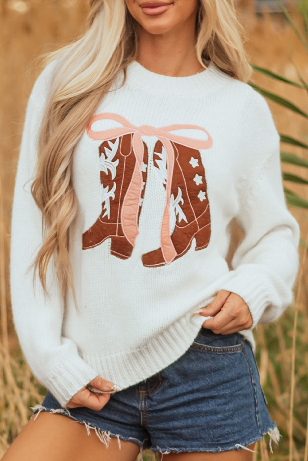 White Embroidered Bow Boots Graphic Drop Shoulder Sweater - Roses