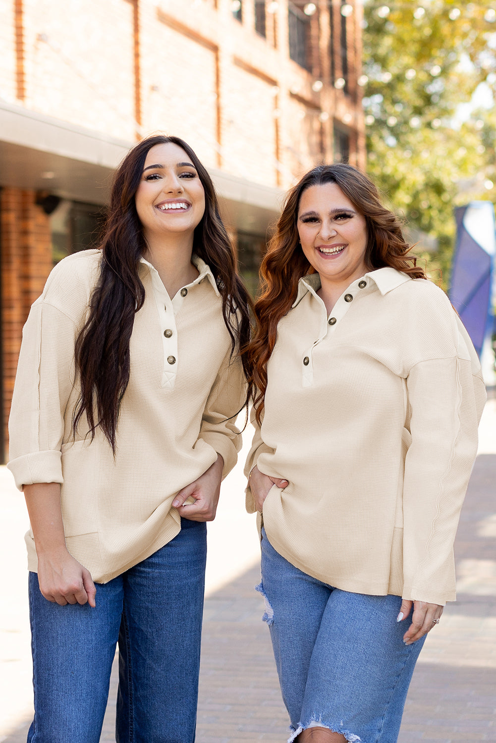 Jet Stream Waffle Long Sleeve Collar Half Button Loose Top - Roses