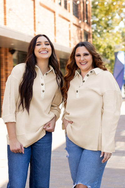 Jet Stream Waffle Long Sleeve Collar Half Button Loose Top - Roses