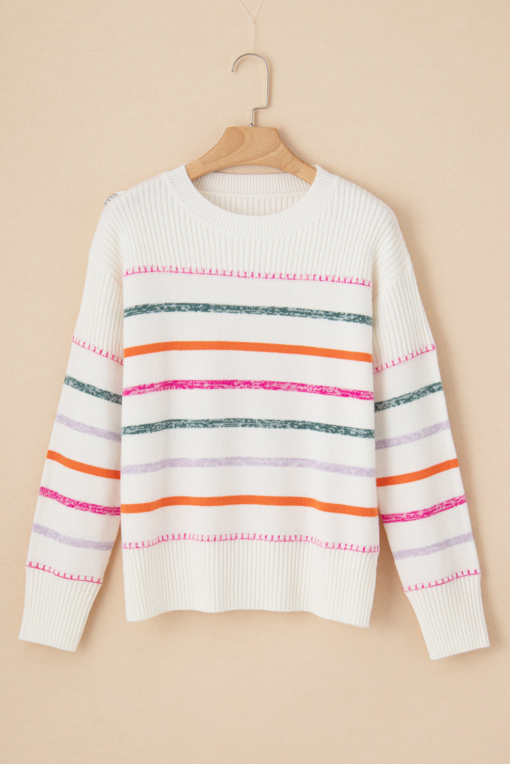 Black Colorful Striped Ribbed Trim Round Neck Sweater - Roses